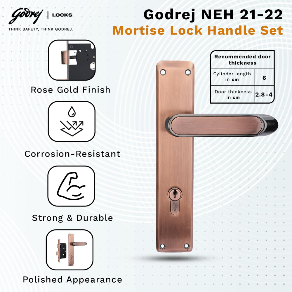 Godrej Mortise Lock|Handle Lock Set for Main & Internal Door of Home & Offices|NEH 21|Black Antique Finish|8 inch Lockbody|60 mm Cylinder Key from outside knob from inside & 3 Keys|5 Years Warranty